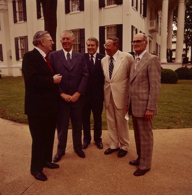 Five Governors of Mississippi in 1976, from left to right: Ross Barnett, James P. Coleman, William L. Waller, John Bell Williams, and Paul B. Johnson Jr.