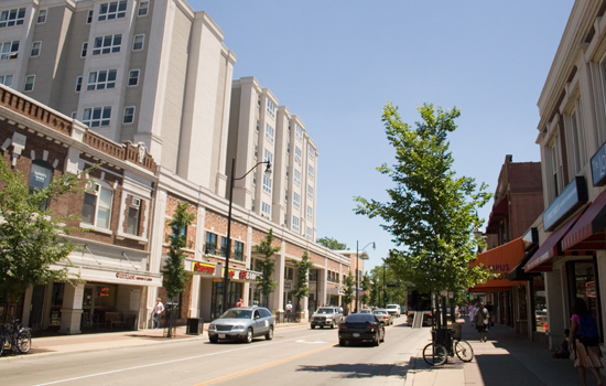 A view of Green Street in Campustown, facing east