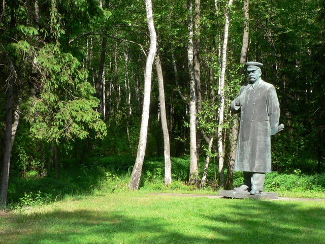 A statue of Stalin in Grūtas Park near Druskininkai, Lithuania; it originally stood in Vilnius, Lithuania