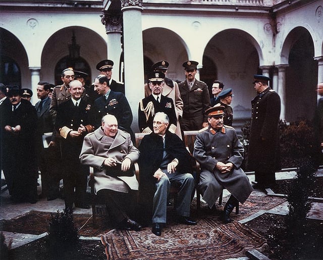 The "Big Three" at the Yalta Conference in Crimea: Winston Churchill, Franklin D. Roosevelt, and Joseph Stalin.