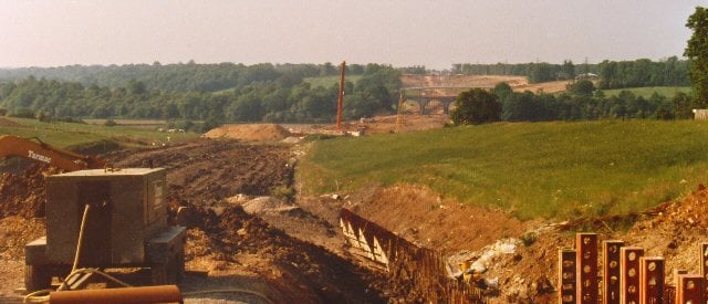 View north from Higher Denham Fire Station at Tatling End on the A40 in July 1984, with the Chiltern Main Line five-arch 1906 Chalfont Viaduct, originally built to straddle the River Misbourne