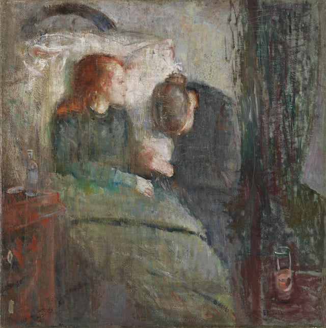 Painting The Sick Child by Edvard Munch, 1885–86, depicts the illness of his sister Sophie, who died of tuberculosis when Edvard was 14; his mother too died of the disease.
