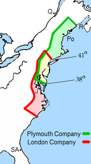 The site of the 1607 Popham Colony is shown by "Po" on the map. The settlement at Jamestown is shown by "J".