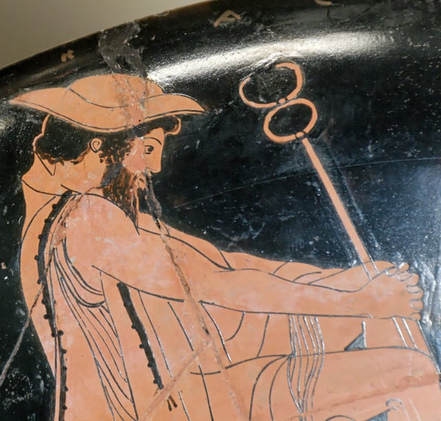 Hermes with a petasus. Attic red-figure cup, ca. 480 BC–470 BC. From Vulci.