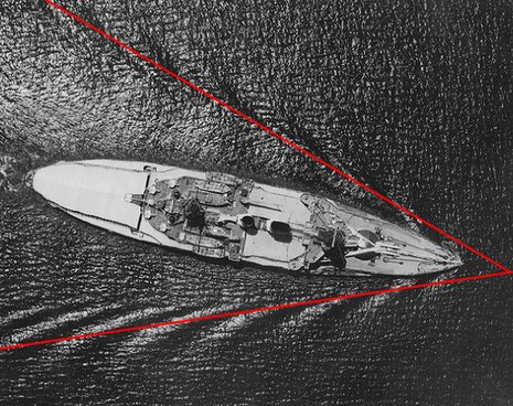 Aerial view of the German battleship Schlesien, showing a 39° wake, characteristic of vessels passing through water.