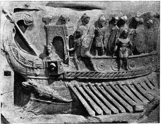 A Roman naval bireme depicted in a relief from the Temple of Fortuna Primigenia in Praeneste, c. 120 BC; now in the Museo Pio-Clementino in the Vatican Museums
