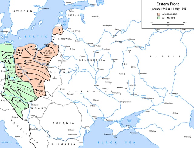 Soviet advances from 1 January 1945 to 11 May 1945:   to 30 March 1945   to 11 May 1945