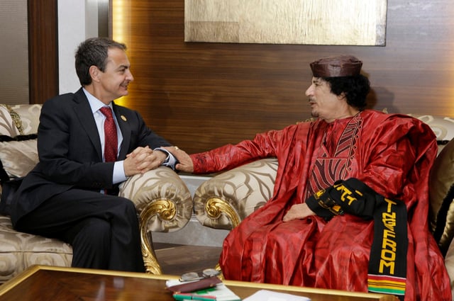Gaddafi with Spanish Prime Minister José Luis Rodríguez Zapatero in 2010