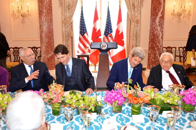 Colin Powell, Canadian Prime Minister Justin Trudeau, Secretary of State John Kerry, and Kissinger in March 2016