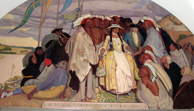 The 1725 return of an Osage bride from a trip to Paris, France. The Osage woman was married to a French soldier.
