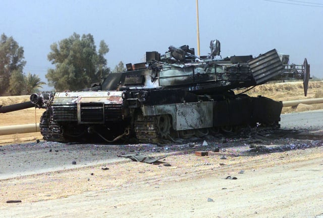 An American M1 Abrams tank destroyed in Baghdad