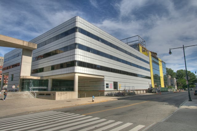 The MIT Media Lab houses researchers developing novel uses of computer technology and shown here is the 1982 building, designed by I.M. Pei, with an extension (right of photo) designed by Fumihiko Maki opened in March 2010