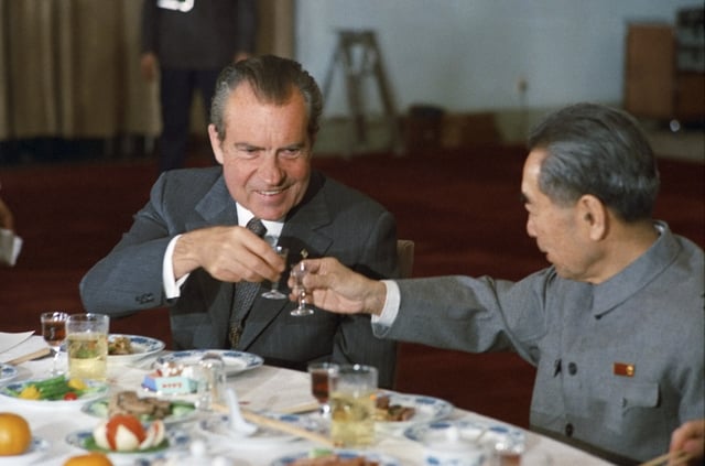 President Nixon and Chinese Premier Zhou Enlai toast during Nixon's 1972 visit to China