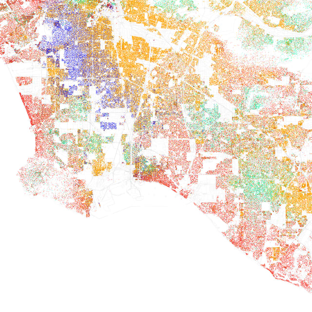 Map of racial distribution in Long Beach, 2010 U.S. Census. Each dot is 25 people: White, Black, Asian, Hispanic or Other (yellow)