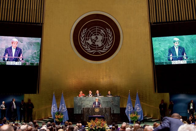 Secretary of State John Kerry addresses delegates at the United Nations before signing the Paris Agreement on April 22, 2016.