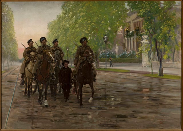Wiosna roku 1905 (Spring of 1905) – Cossacks patrol at Ujazdowskie Avenue in Warsaw, picture of 1906 by Stanisław Masłowski (National Museum in Warsaw)