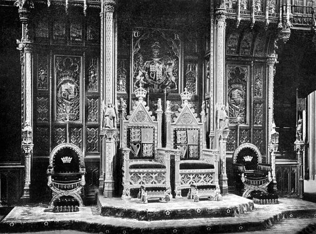 The royal thrones, c. 1902. Note that the Sovereign's throne (on left) is raised slightly higher than the consort's.