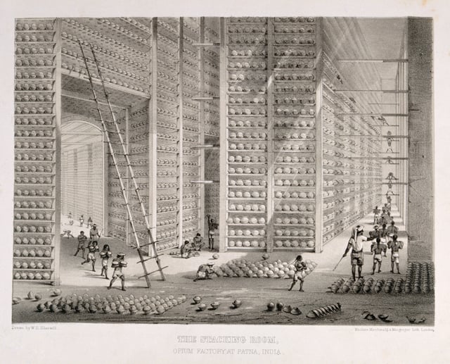 Storage of opium at a British East India Company warehouse, c. 1850