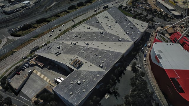 Aerial perspective of the Costco roof at Melbourne's Docklands store. March 2019.