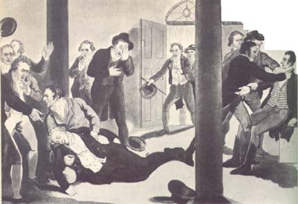 The assassination of Prime Minister Spencer Perceval in 1812 in the lobby of the House of Commons