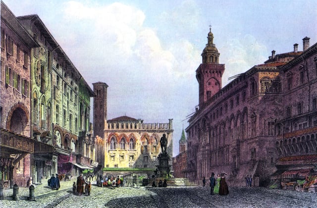 Piazza del Nettuno in 1855, looking towards Piazza Maggiore.