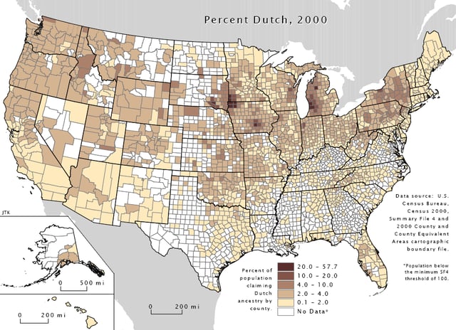 Percentage of Dutch Americans per U.S. county according to the 2000 U.S. Census