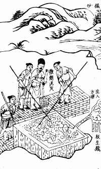 Puddling in China, circa 1637. Opposite to most alloying processes, liquid pig-iron is poured from a blast furnace into a container and stirred to remove carbon, which diffuses into the air forming carbon dioxide, leaving behind a mild steel to wrought iron.