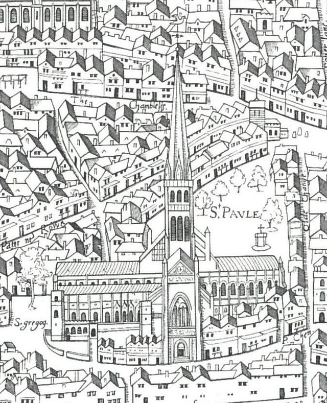 Old St. Paul's as shown on the "Copperplate" map of the 1550s