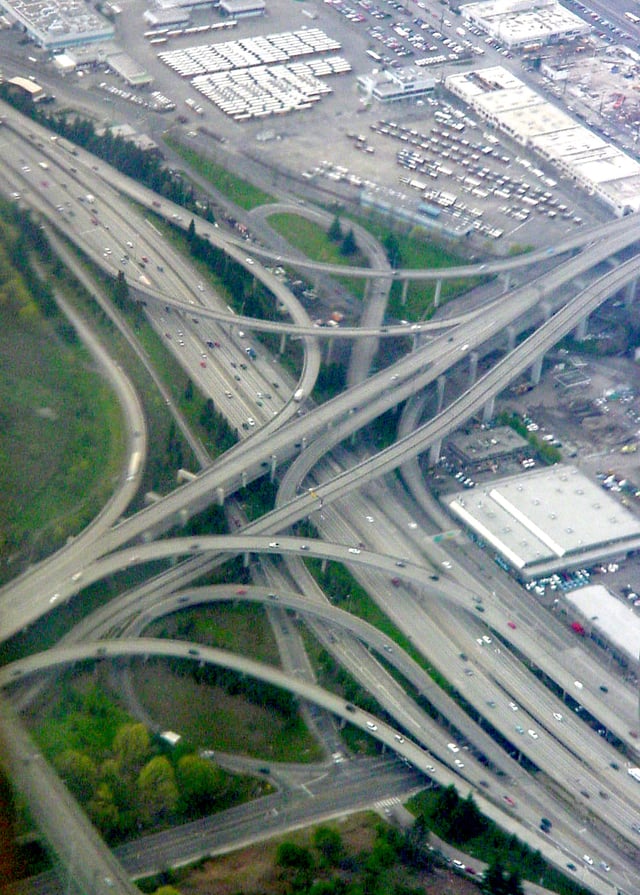 Looking South at I-5 and I-90 meeting in Seattle.