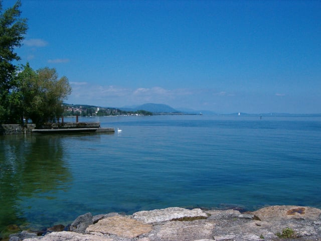 View of Lake Neuchâtel from the northern shore, port of Vaumarcus