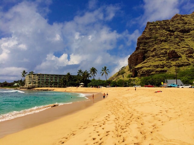 Mākaha Beach Park with the slopes of the Waianae Mountains on the right