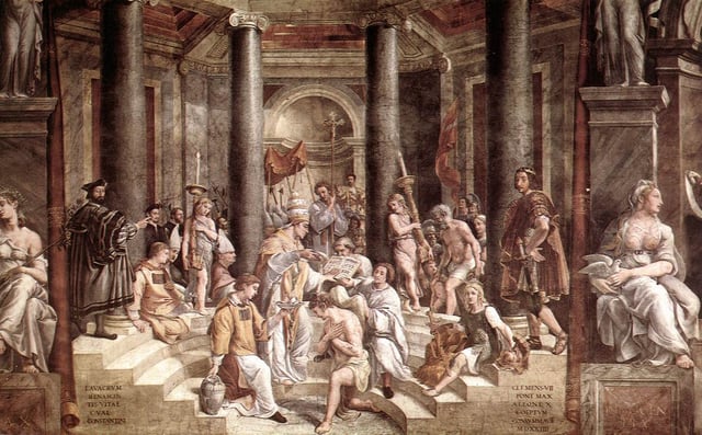 The Baptism of Constantine painted by Raphael's pupils (1520–1524, fresco, Vatican City, Apostolic Palace); Eusebius of Caesarea records that Constantine delayed receiving baptism until shortly before his death.