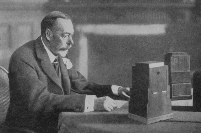 King George V giving the 1934 Royal Christmas Message on BBC Radio. The annual message typically chronicles the year's major events.