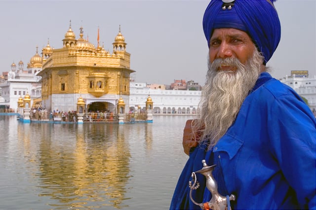 An Akali-Nihung Sikh Warrior at Harmandir Sahib, also called the Golden Temple