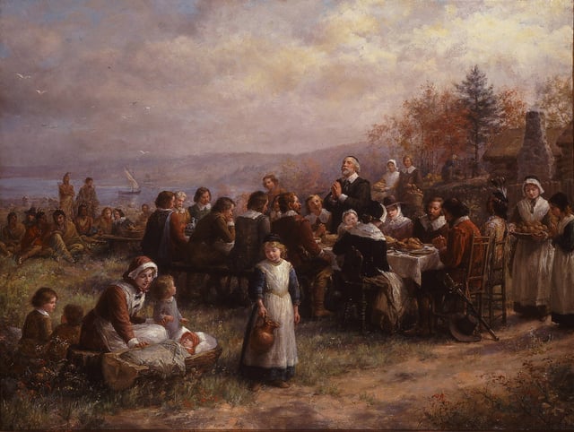 ”Thanksgiving at Plymouth”, oil on canvas by Jennie Augusta Brownscombe, 1925, National Museum of Women in the Arts Pointedly, the anachronistic Plains Indians headdresses depicted in her 1914 painting, above,  were not repeated in this, her 1925 painting of that event.