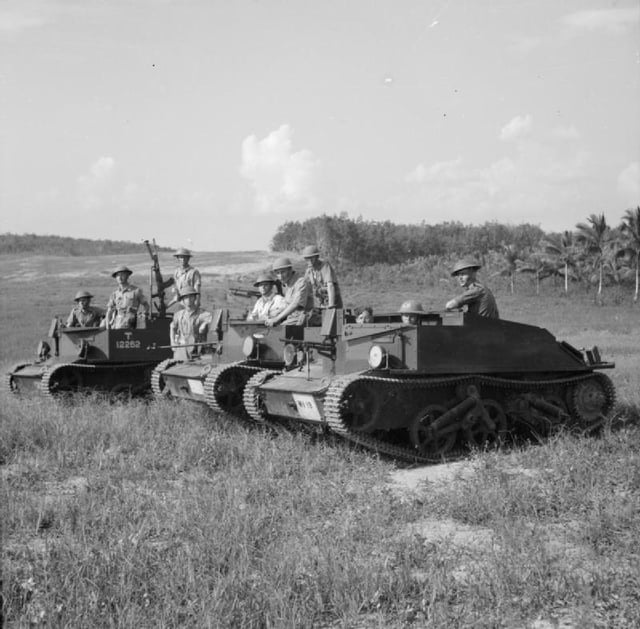 Bren gun carriers of the 2nd Battalion, Loyal Regiment (North Lancashire) in training, Malaya, October 1941.