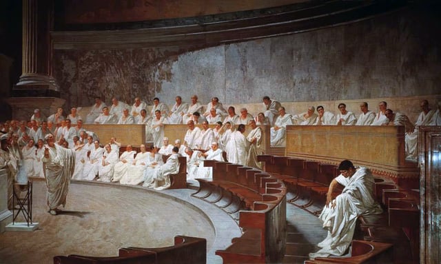 Representation of a sitting of the Roman Senate: Cicero attacks Catilina, from a 19th-century fresco