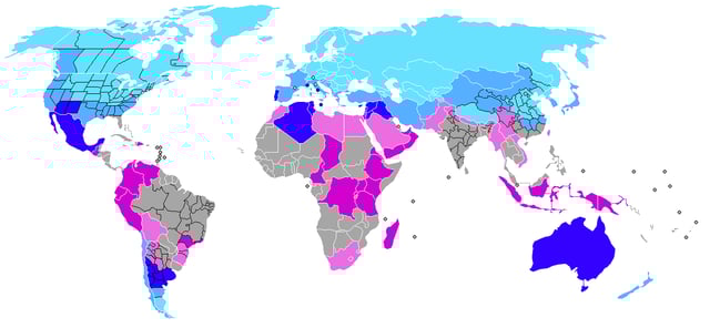 Worldwide occurrence of snowfall.