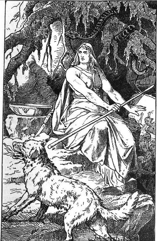 Hel (1889) by Johannes Gehrts, depicts the Old Norse Hel, a goddess-like figure, in the location of the same name, which she oversees
