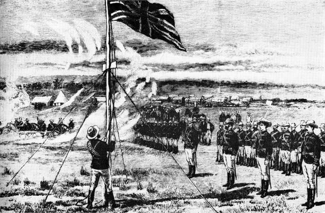 The Pioneer Column hoists the Union Jack on the kopje overlooking the city, 13 September 1890