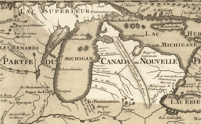 Approximate area of Michigan highlighted in Guillaume de L'Isle's 1718 map