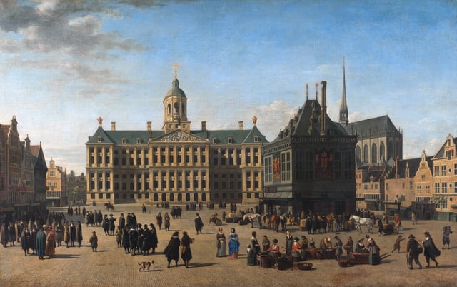 The Dam Square in Amsterdam, by Gerrit Adriaensz Berckheyde, c. 1660. In the picture of the centre of highly cosmopolitan and tolerant Amsterdam, Muslim/Oriental figures (possibly Ottoman or Moroccan merchants) are shown negotiating. While the VOC was a major force behind the economic miracle of the Dutch Republic in the 17th-century, the VOC's institutional innovations played a decisive role in the rise of Amsterdam as the first modern model of a (global) international financial centre.