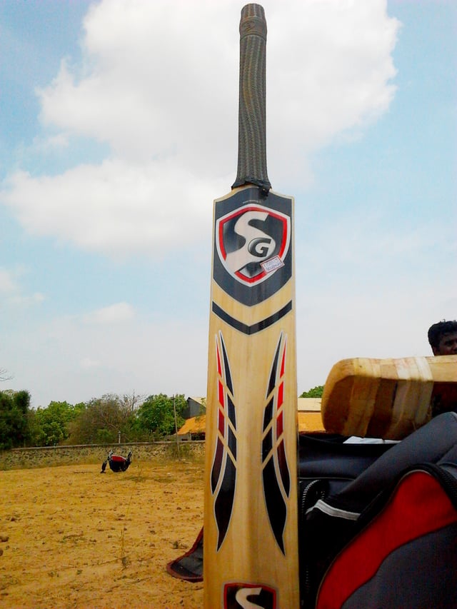 A modern SG cricket bat (back view).