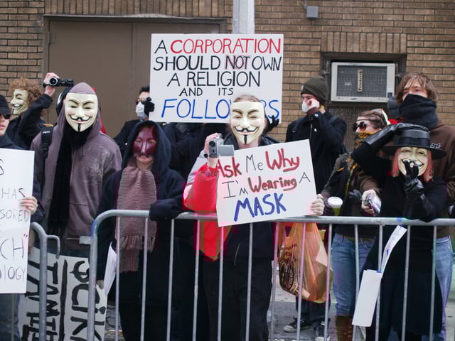 Protesters outside a Scientology center on February 10, 2008