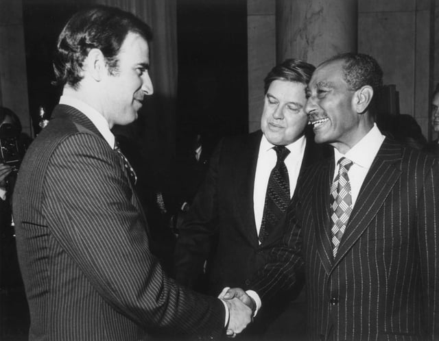 Senator Biden, Senator Frank Church and president of Egypt Anwar el-Sadat after signing the Egyptian–Israeli Peace Treaty, 1979
