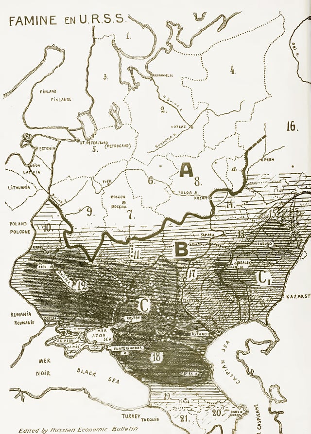 Soviet famine of 1932–33. Areas of most disastrous famine marked with black.
