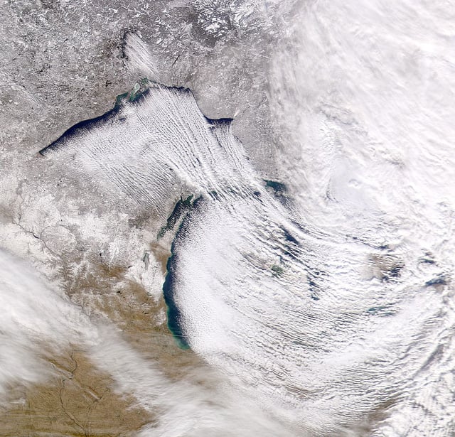 Cold northwesterly wind over the Great Lakes creating lake-effect snow. Lake-effect snow most frequently occurs in the snowbelt regions of the province.