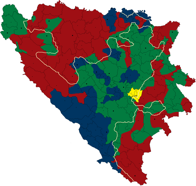 Carrington-Cutillero plan: Serbian cantons shown in red, Bosniak cantons in green, Croat cantons in blue