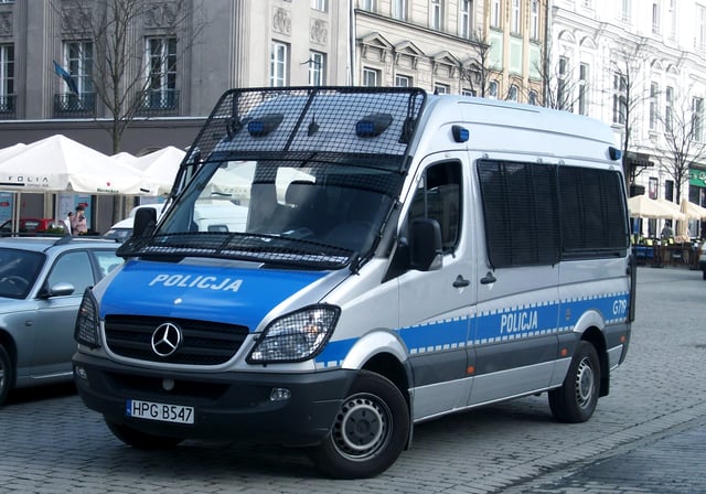 A Mercedes-Benz Sprinter patrol van belonging to the Polish State Police Service (Policja)