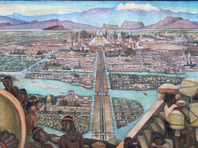1945 Mural by Diego Rivera depicting the view from the Tlatelolco markets into Mexico-Tenochtitlan, the largest city in the Americas at the time.